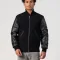 Black Melton Wool Body & Faux Leather Sleeves Jacket with Zipper