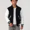 Black Body & White Faux Leather Sleeves Letterman Jacket With Byron Collar and Zipper