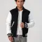 Black Body & White Faux Leather Sleeves Letterman Jacket With Byron Collar and Zipper