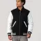 Black Body & White Faux Leather Sleeves Letterman Jacket With Byron Collar and Zipper
