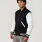 Black Body & White Faux Leather Sleeves Letterman Jacket With Byron Collar and Zipper