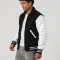 Black Body & White Faux Leather Sleeves Letterman Jacket With Byron Collar and Zipper